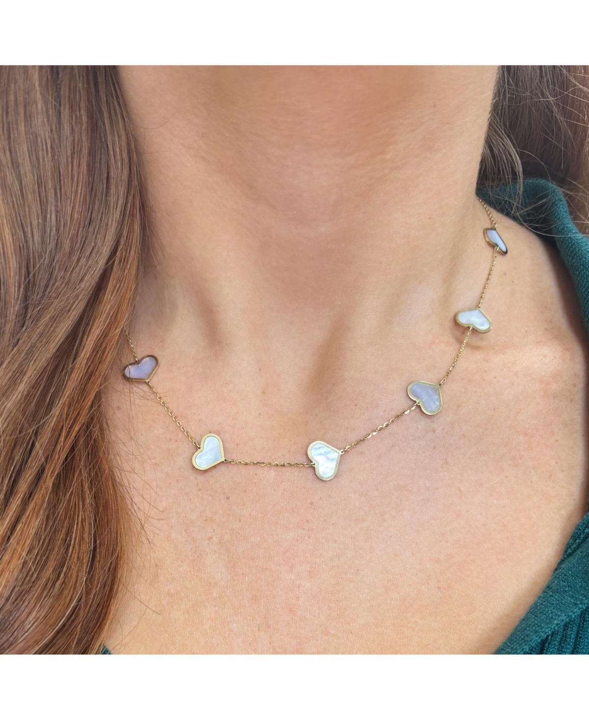 The Lovery Large Mother of Pearl Heart Station Necklace 14K Gold