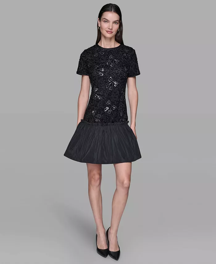 Women's Sequin Bow Applique Drop-Waist Dress