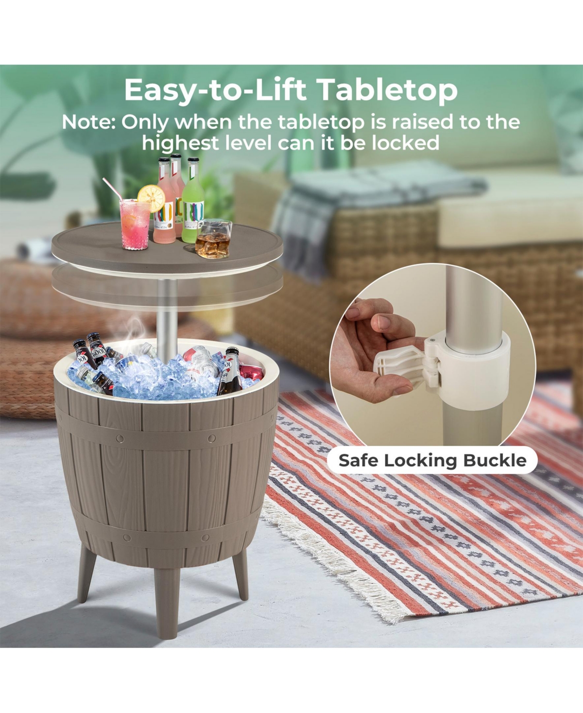 Sugift 10 Gallon Cooler Bar Table Outdoor Coffee Table Ice Bucket with Telescopic Tabletop for Beer and Wine-Brown