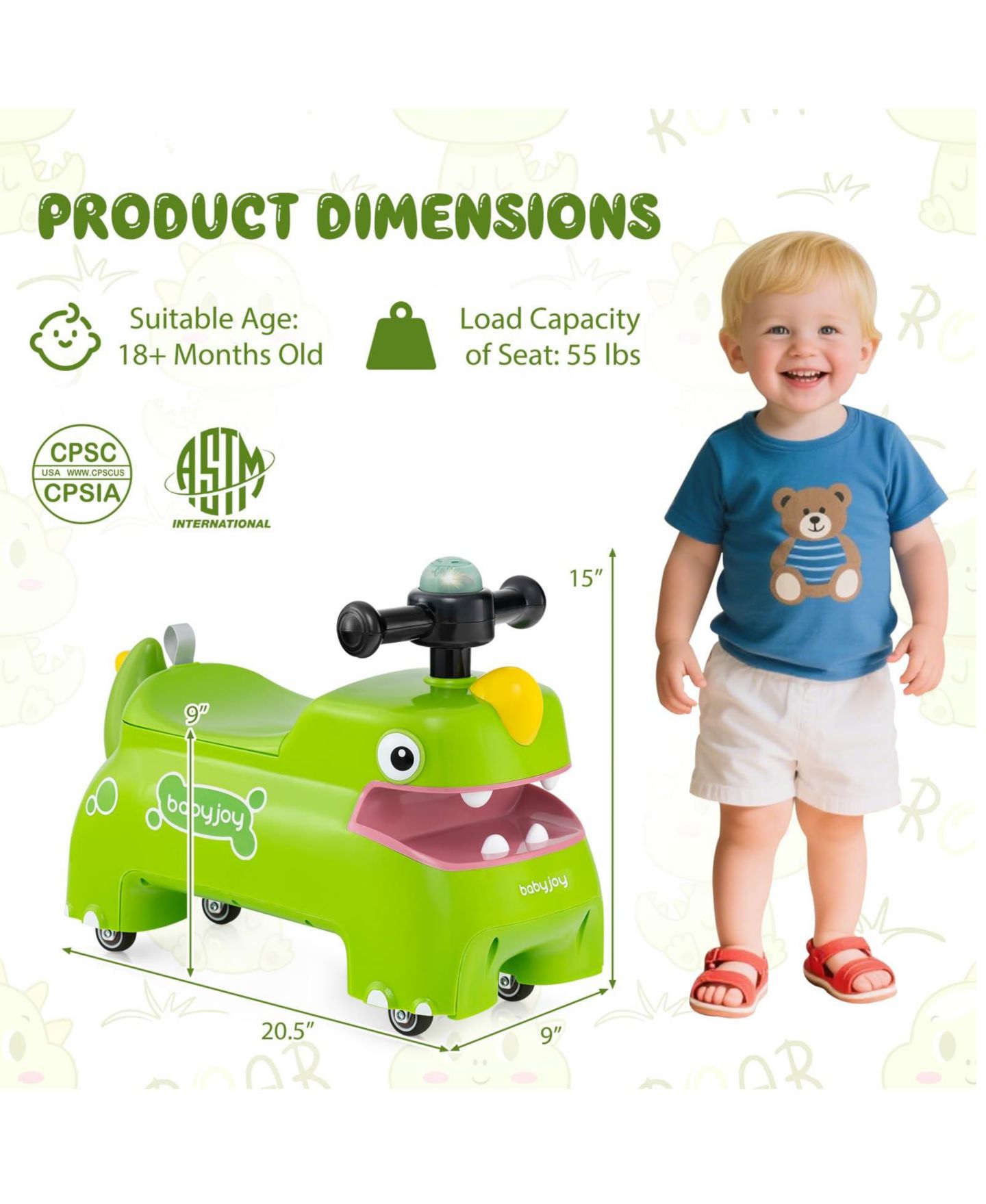 Детская игрушка Mecale Dinosaur Ride-On Car with Lights and Music, Ages 18+ Months, цвет: Зелёный — фото 3
