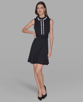KARL LAGERFELD PARIS - Women's Belted Collared A-Line Dress
