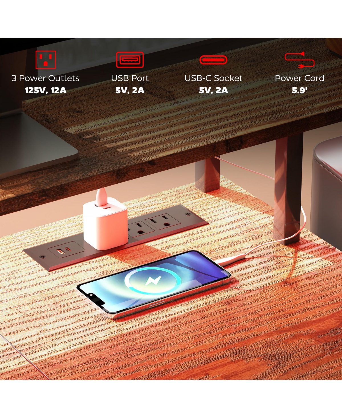 67" Computer Desk Home Office Desk with File Cabinet Lights