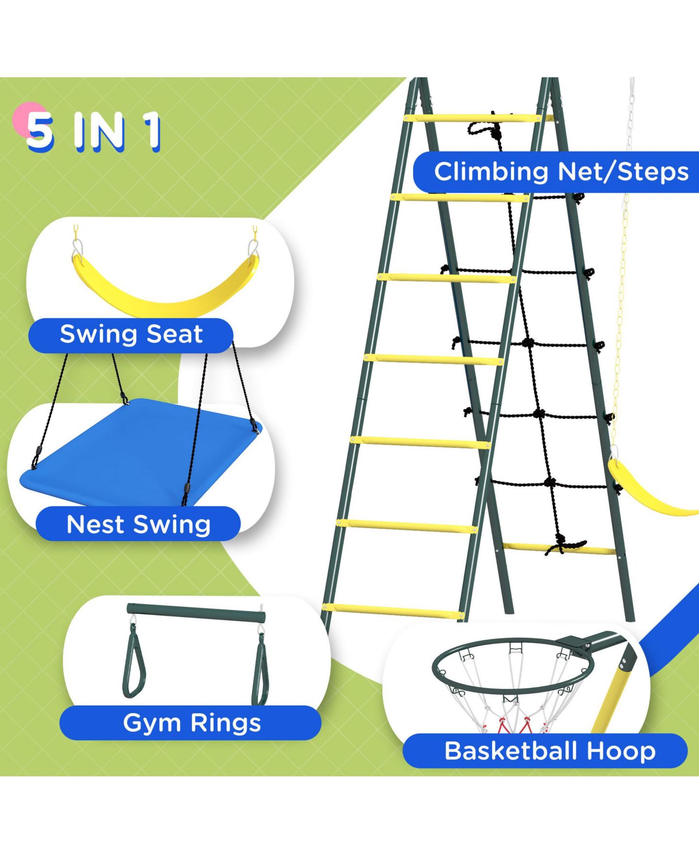 Детские игрушки Outsunny Metal Swing Set 5 in 1 Design, 440 lbs. Capacity, Ages 3-8 — фото 6