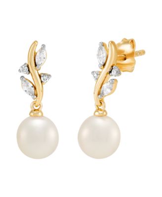 2-Pc. Cultured Freshwater Pearl (7-8mm) and White Cubic Zirconia Drop Earrings and Pendant Necklace Set in 14k Yellow Gold Over Sterling Silver