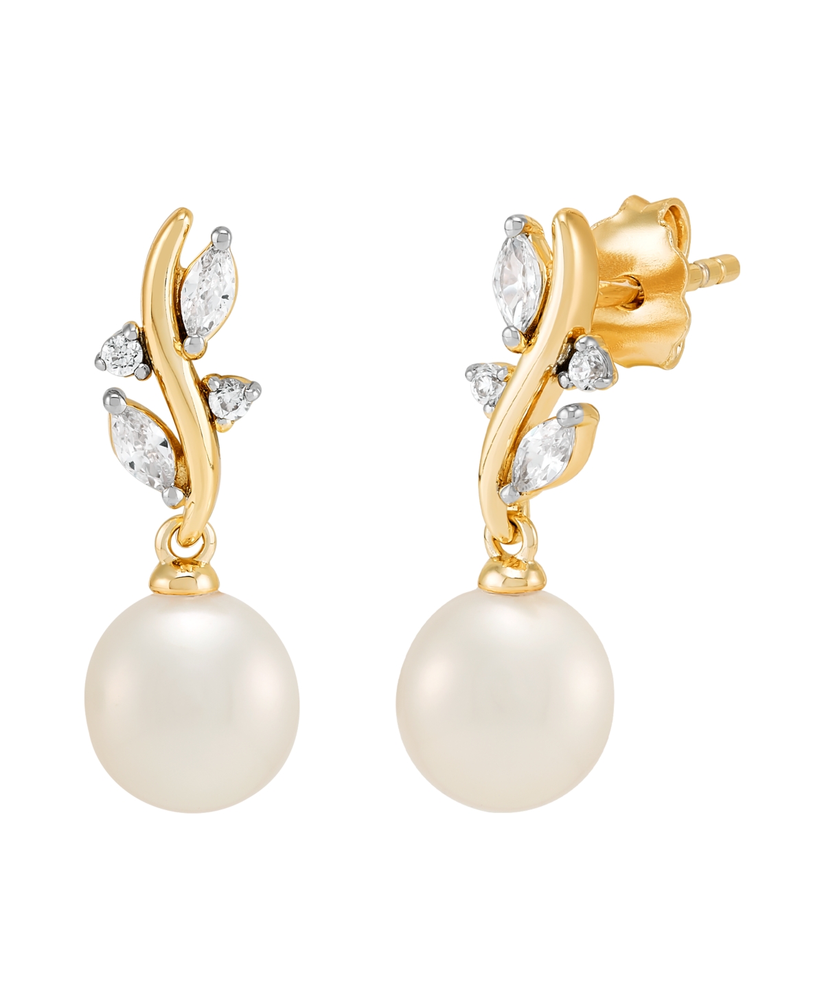 Macy's 2-Pc. Cultured Freshwater Pearl (7-8mm) and White Cubic Zirconia Drop Earrings and Pendant Necklace Set in 14k Yellow Gold Over Sterling Silver