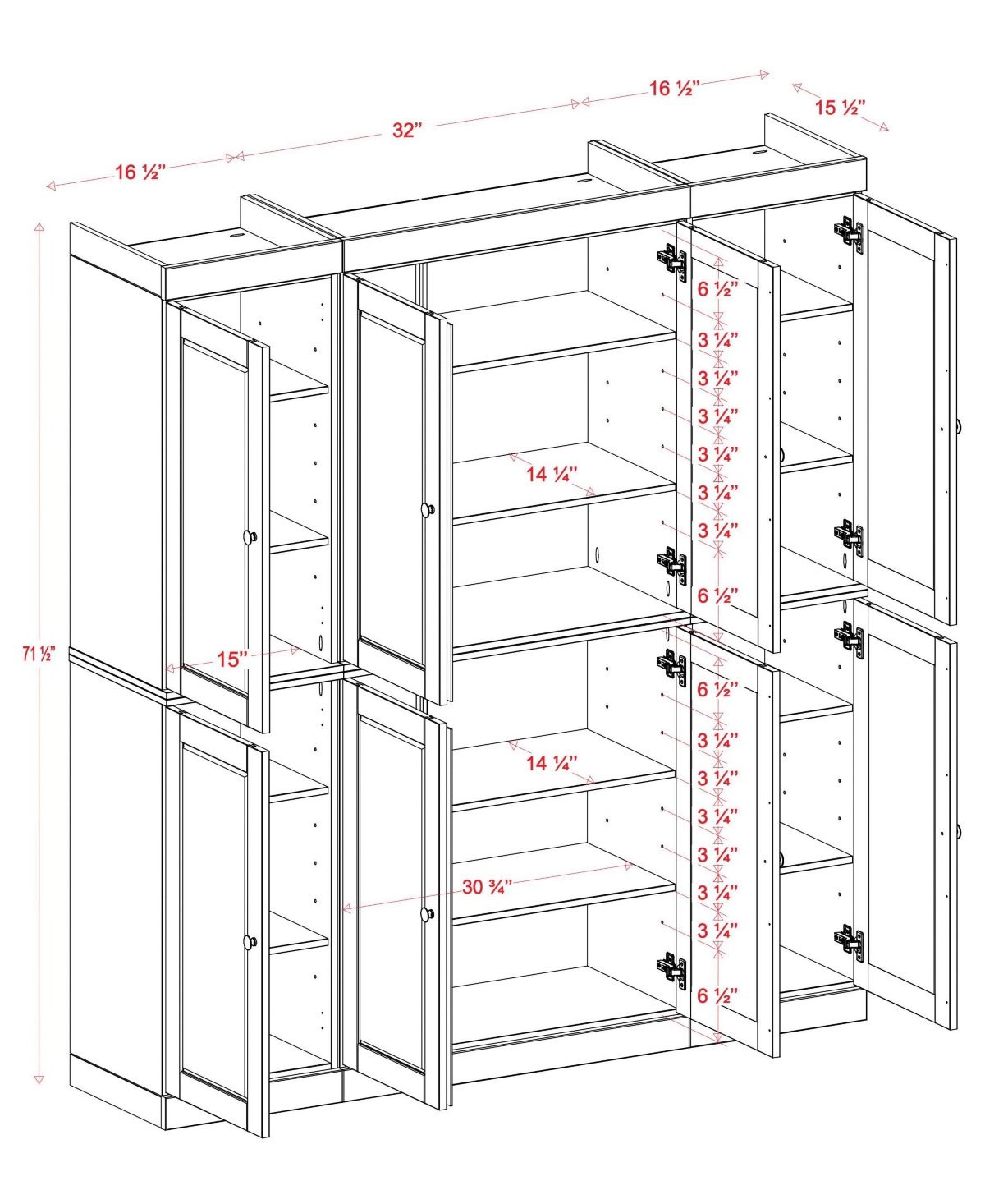 Palace Imports 100% Solid Wood 65" Pantry Cabinet with Raised Panel Doors & Adjustable Shelves