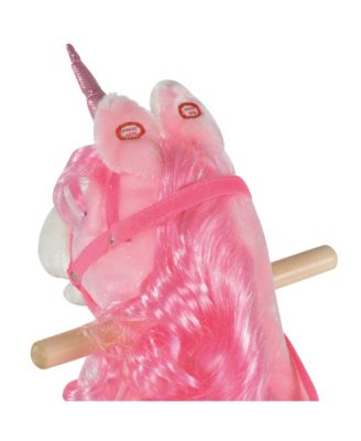 Kids Rocking Horse, Ride on Unicorn w/ Wooden Base, Tail Wag & Sounds