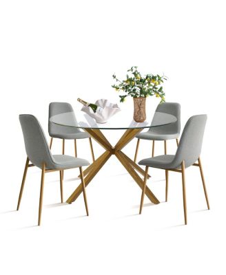 5-Piece Oak Finish Modern Round Glass Dining Set