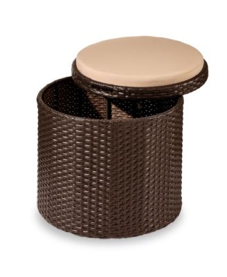 Round Wicker Ottoman, Multipurpose Furniture w/ Removable Cushion, Steel Frame