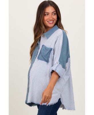 Maternity Blue Colorblock Stripe Oversized Button Down