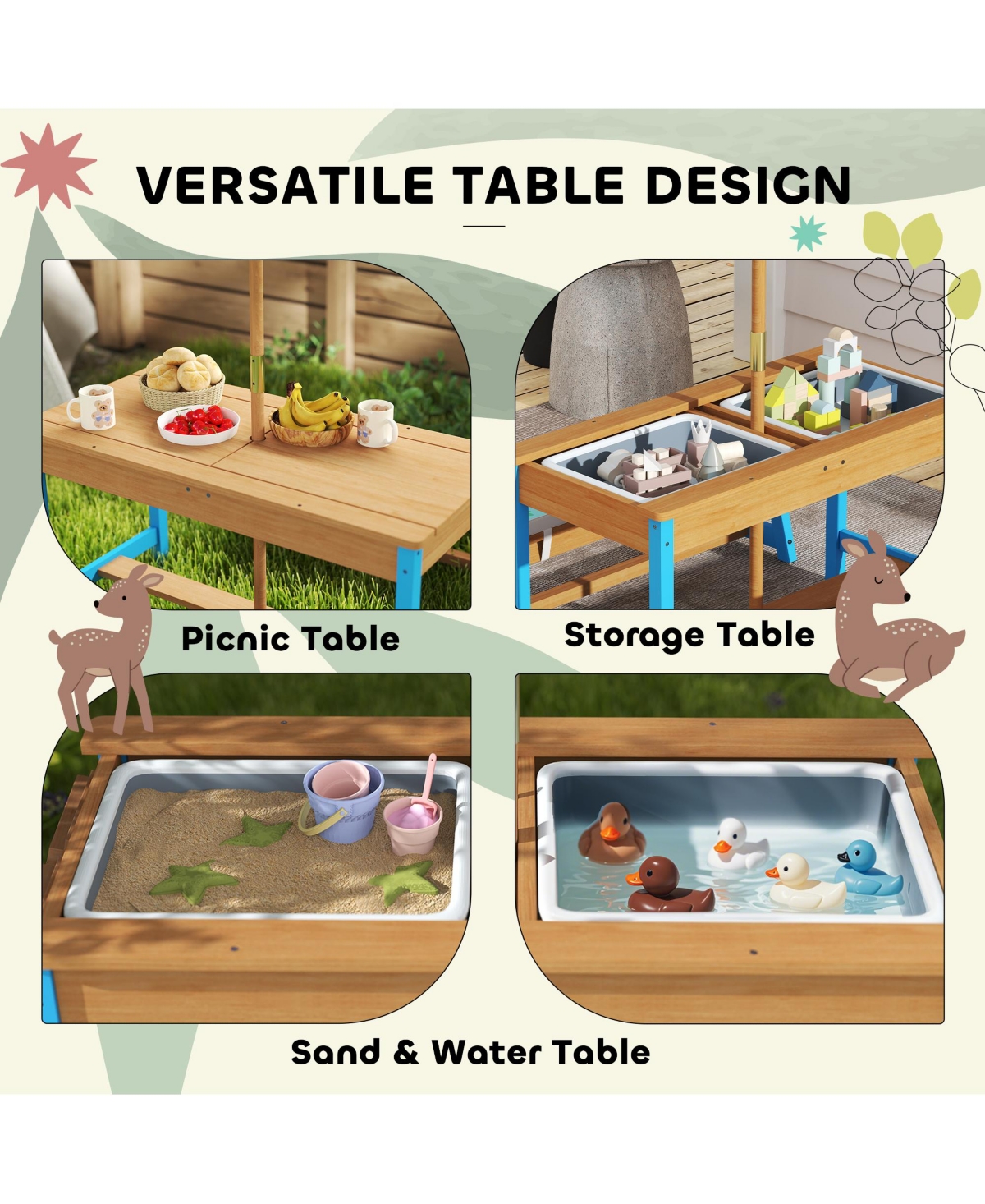 Qaba Kids Picnic Table, Wooden Table and Bench Set with Umbrella,