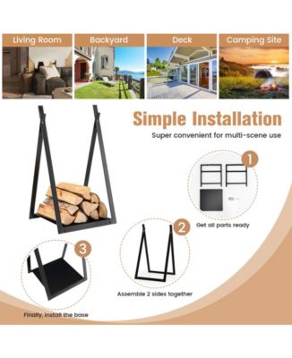 Triangle Firewood Rack with Raised Base for Fireplace Fire Pit-Black