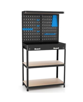 Tool Storage Workbench with Pegboard with 14 Hanging Accessories for Garage-Black and Blue