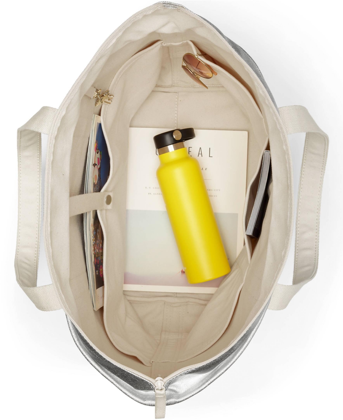 Lands' End Large Coated Metallic 5 Pocket Zip Top Canvas Tote Bag