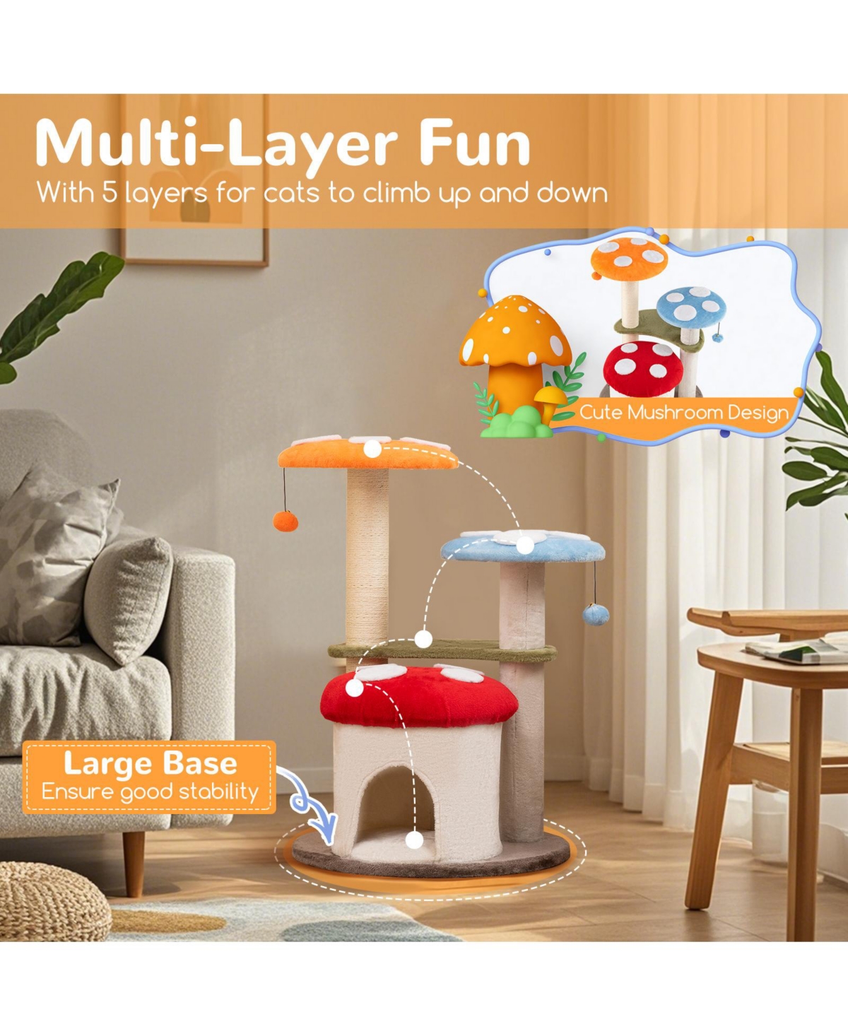 Gymax Cute Mushroom Cat Tree 35'' Tall Cat Tower w/ Sisal Scratching Posts Cat Condo