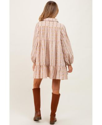 Maternity Tan Floral Print Shirring Half Buttoned Shirt Dress