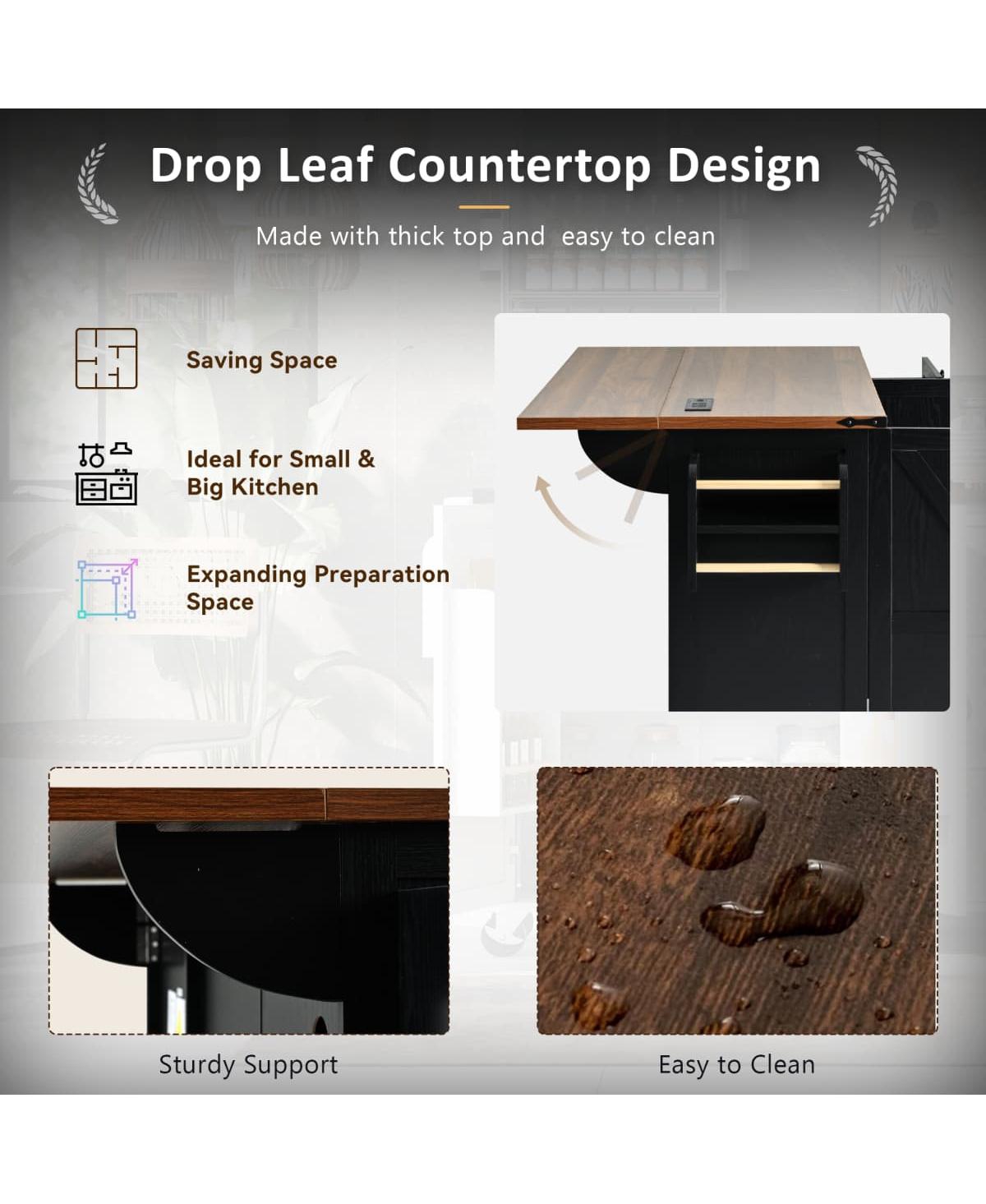 Kitchen Island with Power Outlet & Drop Leaf, 47.2" Farmhouse Rolling Cart Spice Rack Storage Drawers-Maison Boucle