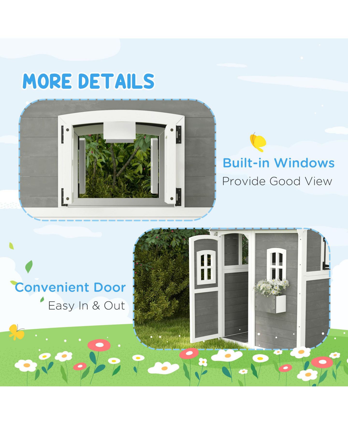 Детская игрушка Outsunny Wooden Cottage Playhouse with Floor, Ages 3-8, цвет: Серый — фото 7