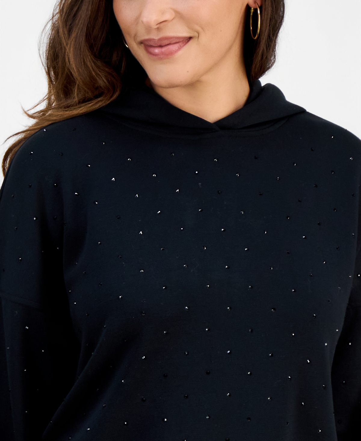 Inc International Concepts Petite Shine Embellished Hoodie, Macy's Exclusive In Black