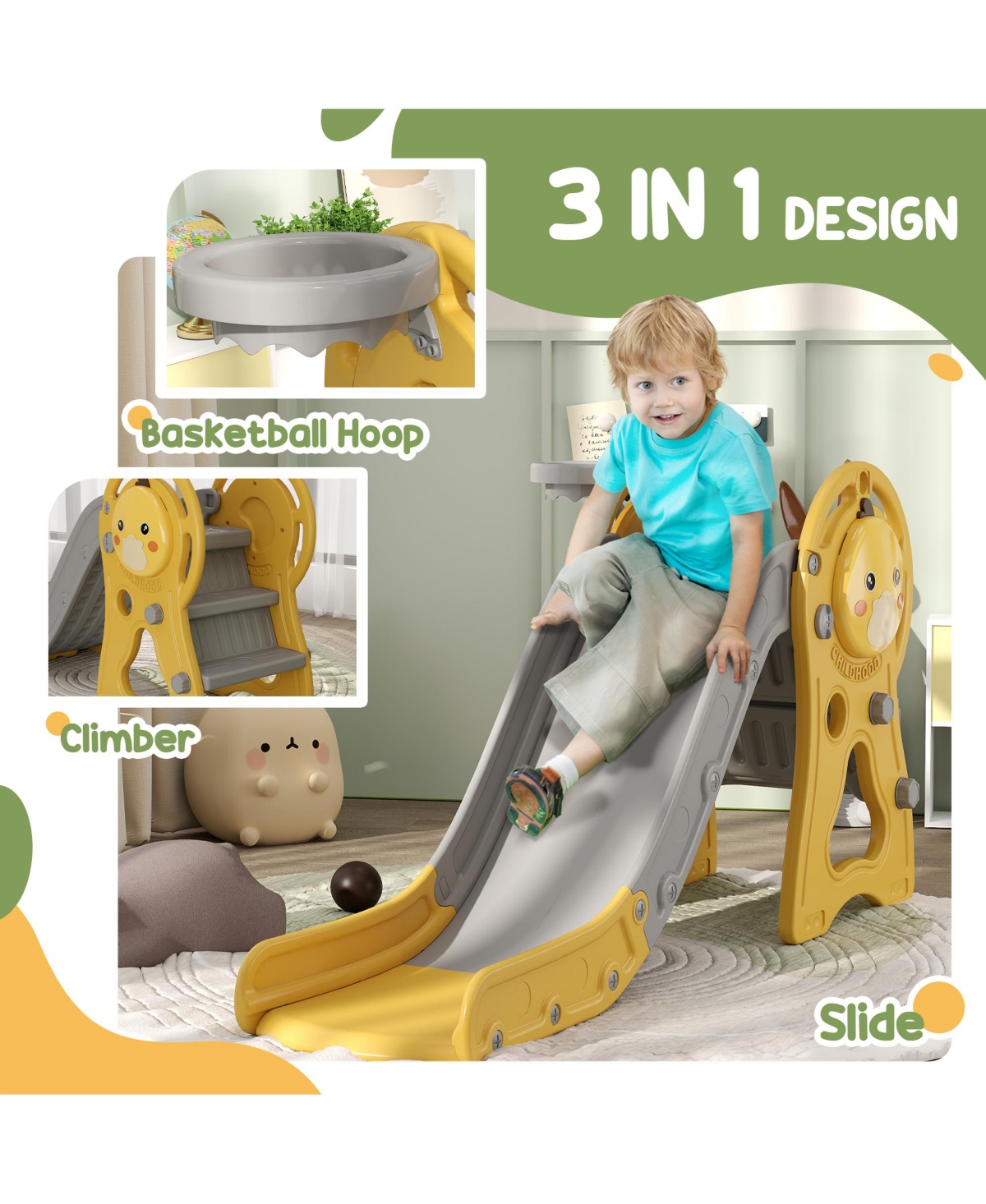 Qaba 3 in 1 Toddler Slide with Basketball Hoop for Kids 1-3 Years, Yellow