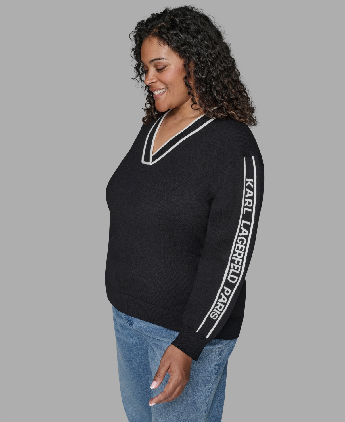 Karl Lagerfeld Plus Size V-neck Side Logo Sweater In Multi