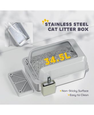 Stainless Steel Litter Box, High Sided Anti-Urine Leakage Non-Sticky