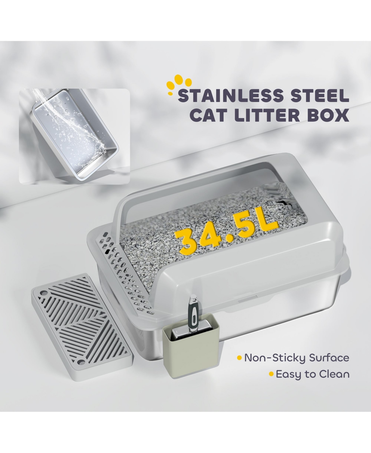 PawHut Stainless Steel Litter Box, High Sided Anti-Urine Leakage Non-Sticky