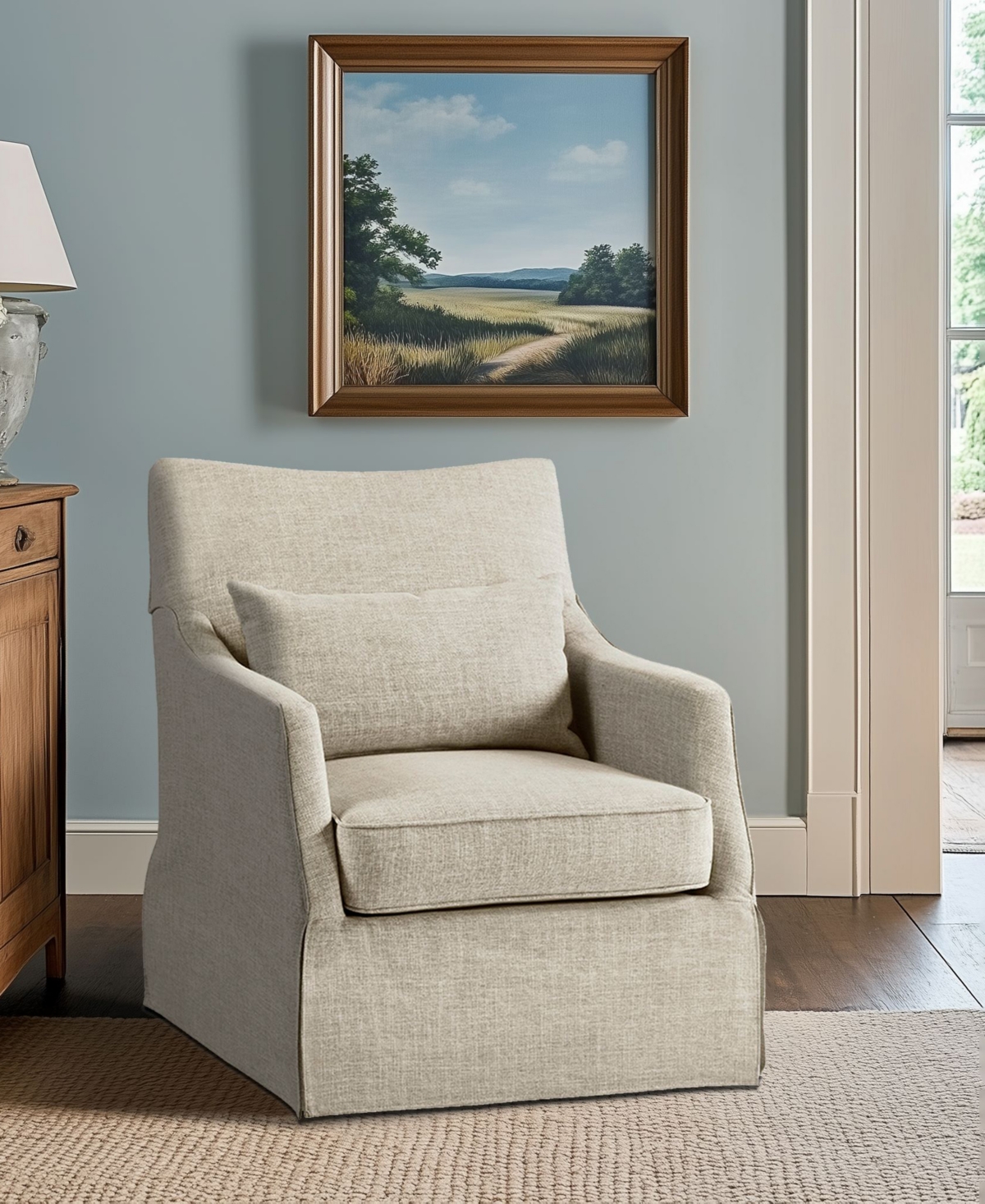 Martha Stewart Collection London 28"W Upholstered Skirted Swivel Armchair with Lumbar Pillow