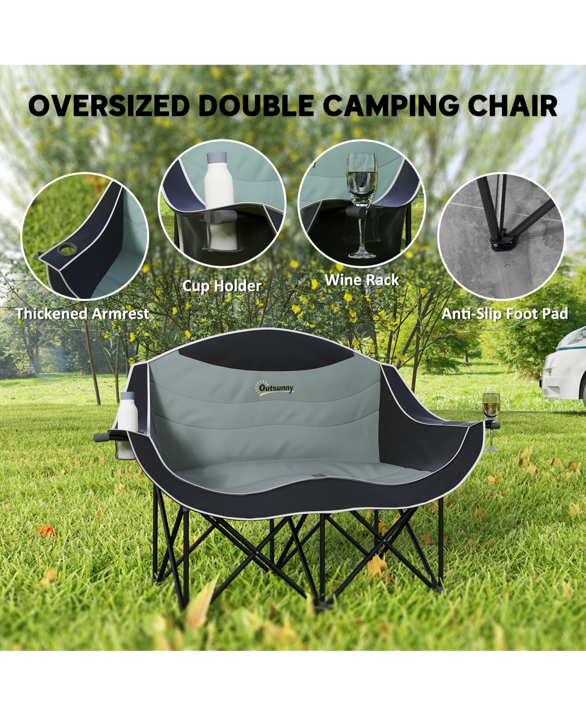 Outsunny Double Camping Chair for Adults, Padded Folding Camp Chair,