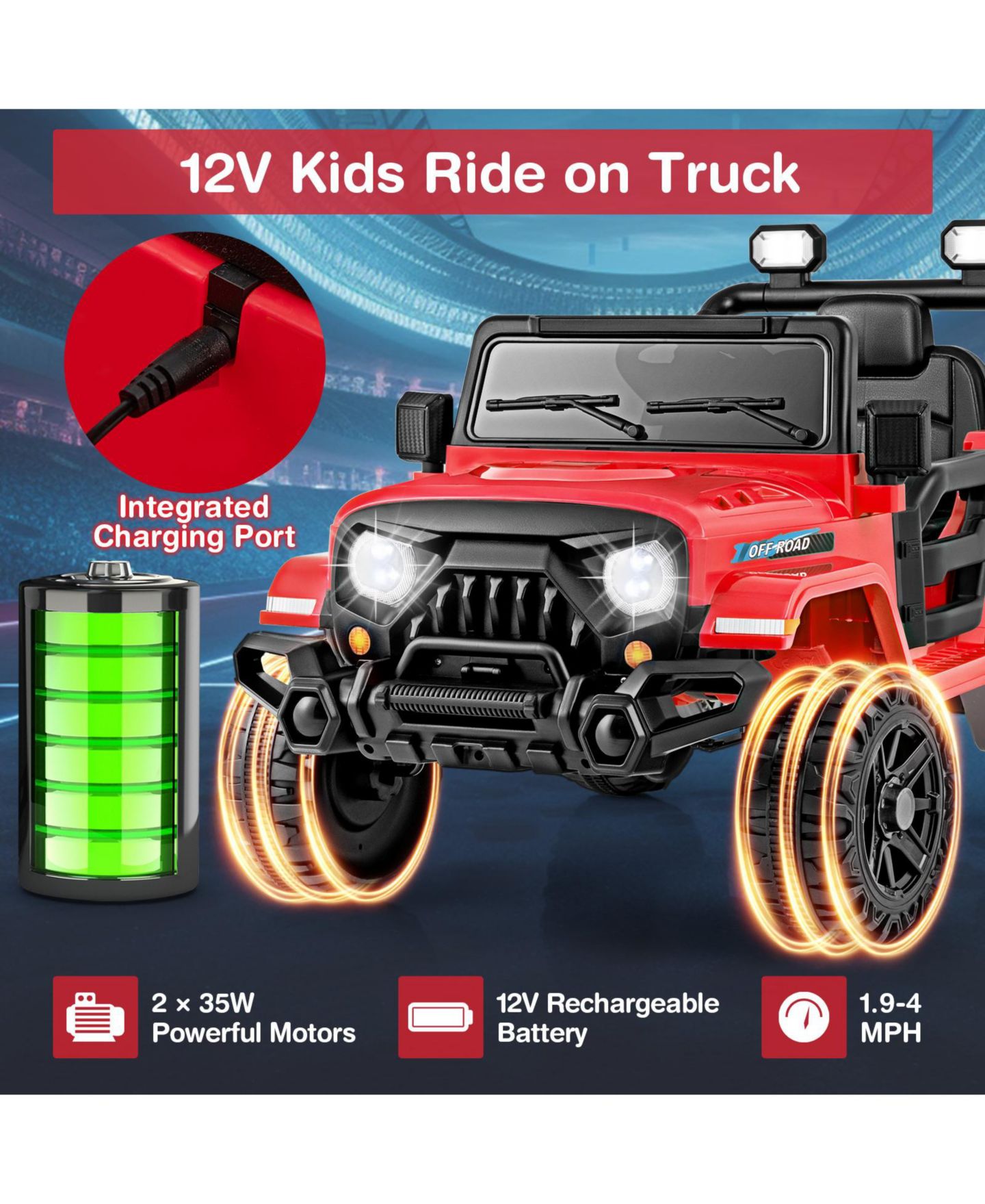 Детская игрушка SUGIFT 12V Kids Ride-On Truck with Remote Control and Threaded Off-Road Wheels, 39"L x 24.4"W x 24.4"H, Ages 3-8, цвет: Красный — фото 11