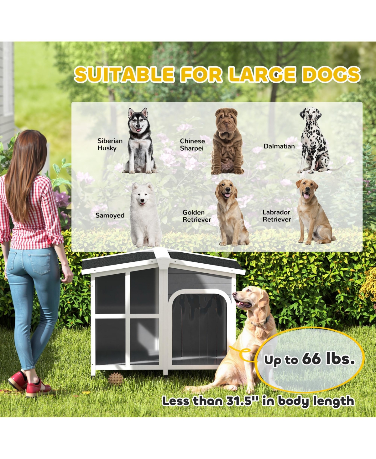 PawHut Giant Window Wooden Dog House for Large Dogs, Outdoor & Indoor Use