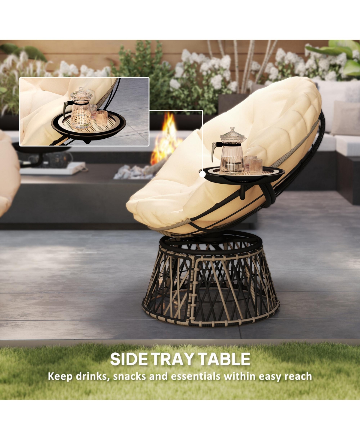 Outsunny Outdoor Swivel Chair with Side Tray, Overstuffed Papasan Chair