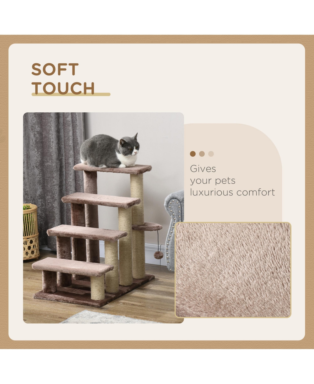 PawHut 4 Levels Cat Steps with Scratching Posts for High Bed, Sofa,