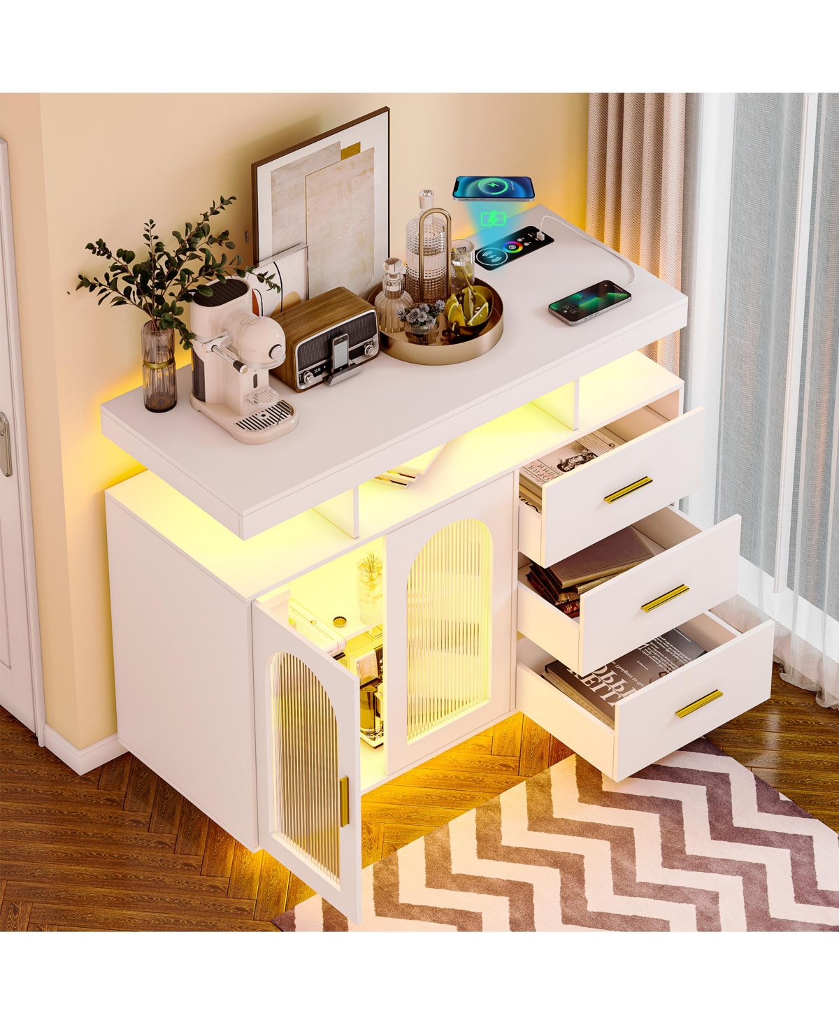 Vlsrka Wine Bar Storage Cabinet with Led Lights