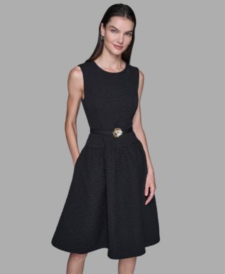 Women's Floral Crew Neck Belted Midi Dress