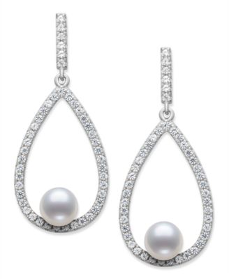 Cultured Freshwater Button Pearl (6-7mm) and Lab Created Sapphire(1 3/4 ct.t.w) Earrings in Sterling Silver