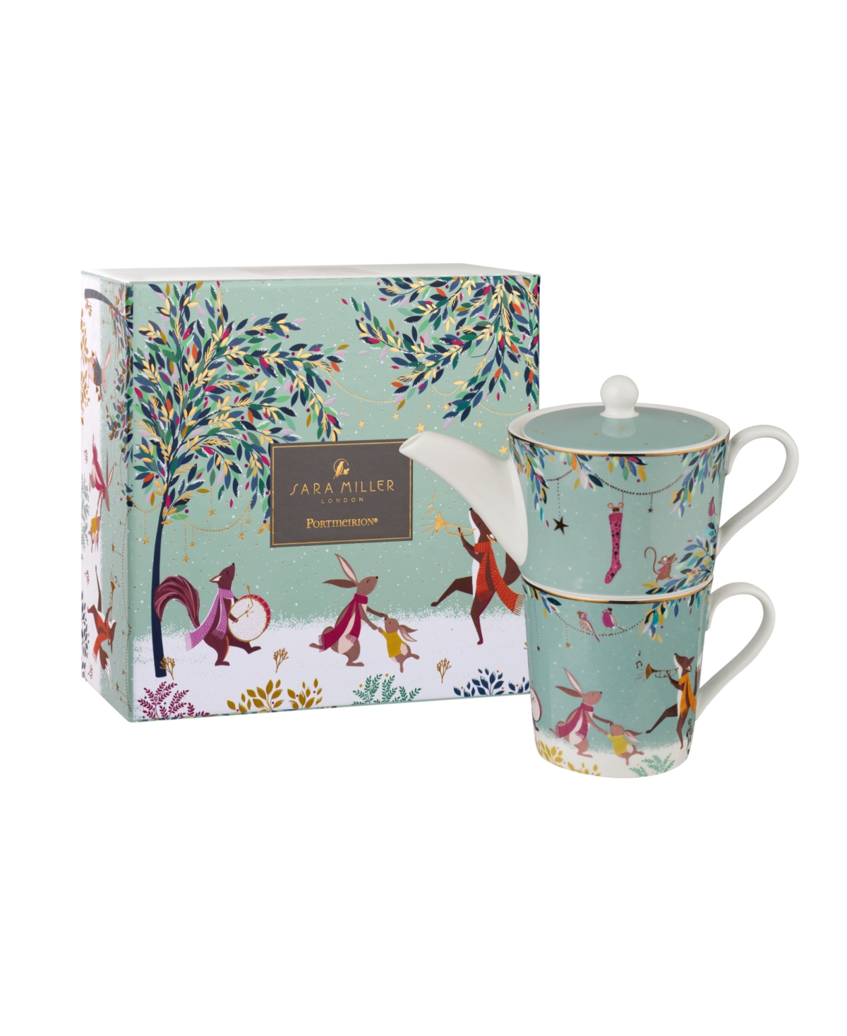 Portmeirion Sara Miller Woodland Tales Merry Band Tea For One In Green