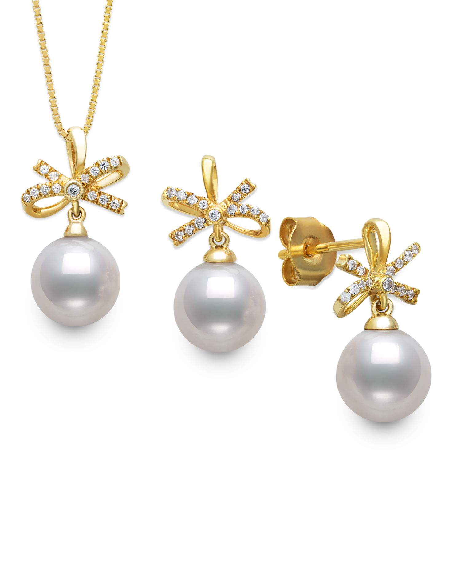 Freshwater Pearl (7-8mm) and Cubic Zirconia Jewelry Set in Gold Over Silver