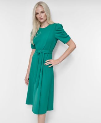 Women's Short Sleeve Scuba Crepe Belted Fit and Flare Midi Dress