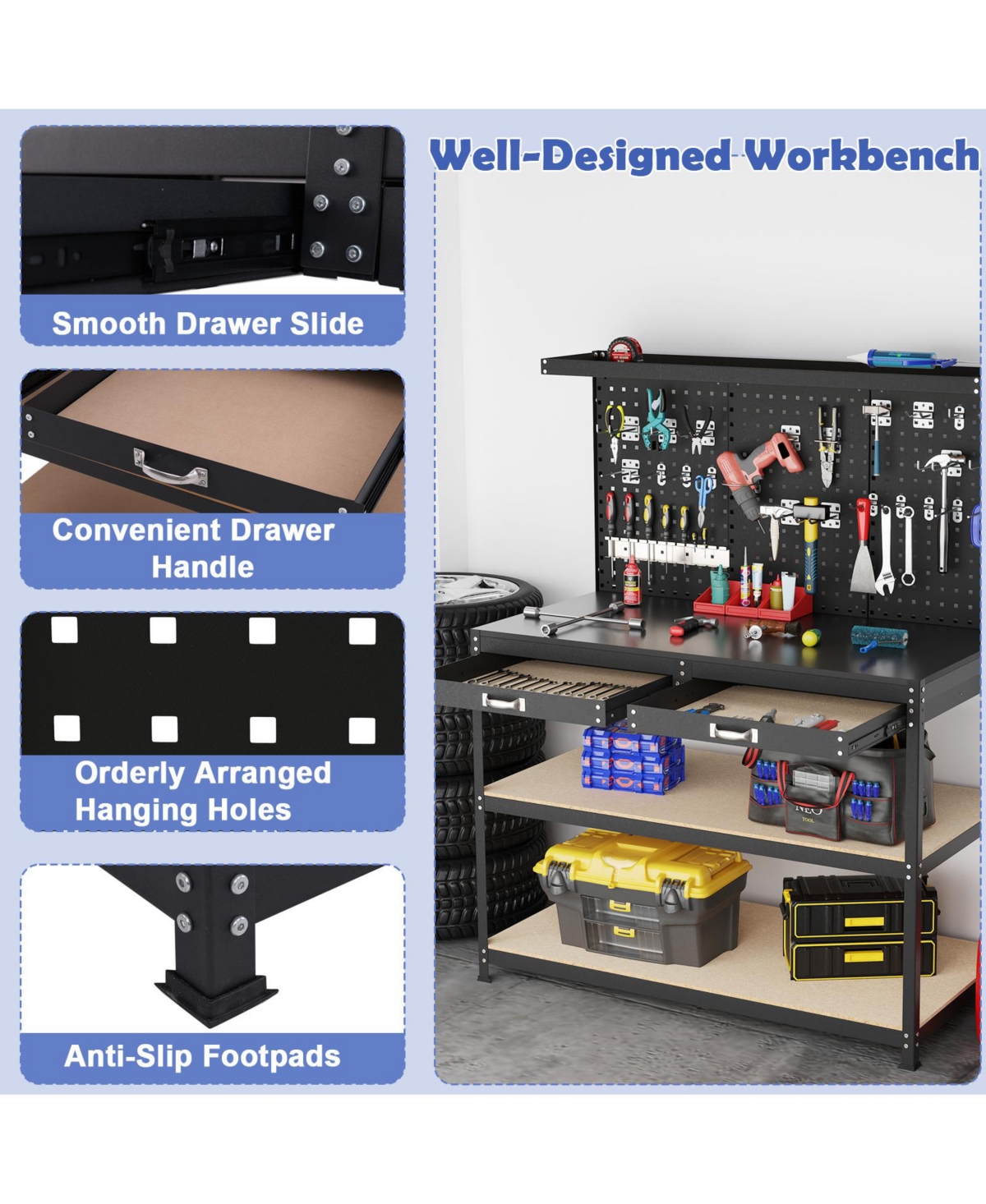 Sugift 48 x 24 Inch Workbench Work Table with 3 PCs Pegboard Drawer and Shelves
