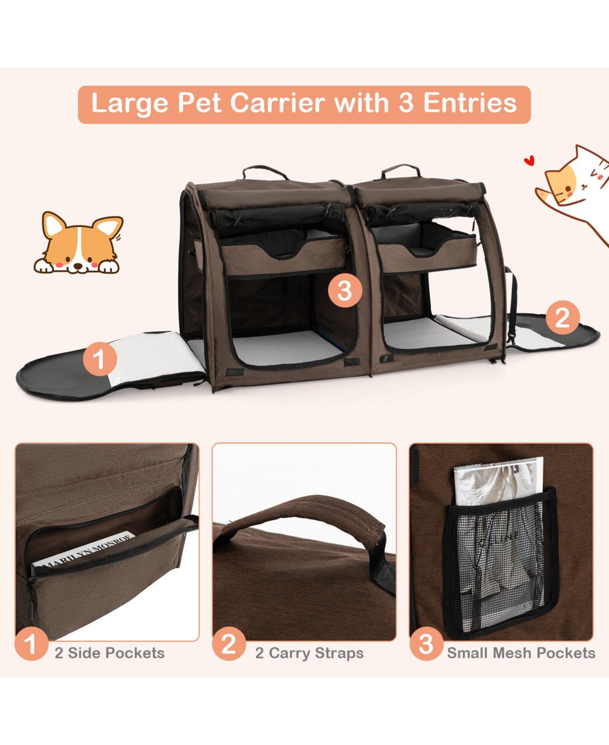 Skonyon Double Compartment Pet Carrier with 2 Removable Hammocks
