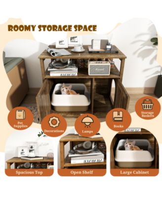 Cat Litter Box Enclosure with Double Barn Doors, Divider, Side Entry and Storage Shelf