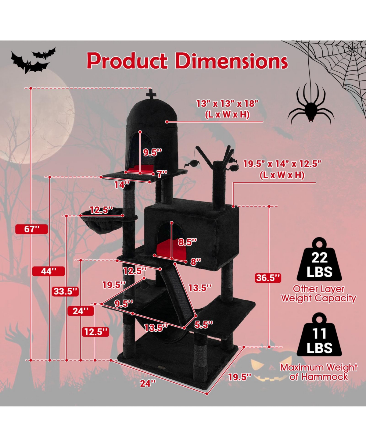 Skonyon Gothic Cat Tree with 2 Cat Condos and Spooky Dangling Ball for Indoor Cats