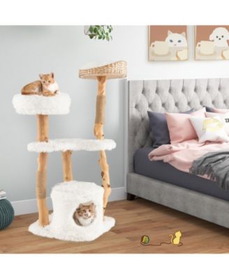 Solid Wood Cat Tower with Top Cattail Basket Cat Bed for Indoor Cats