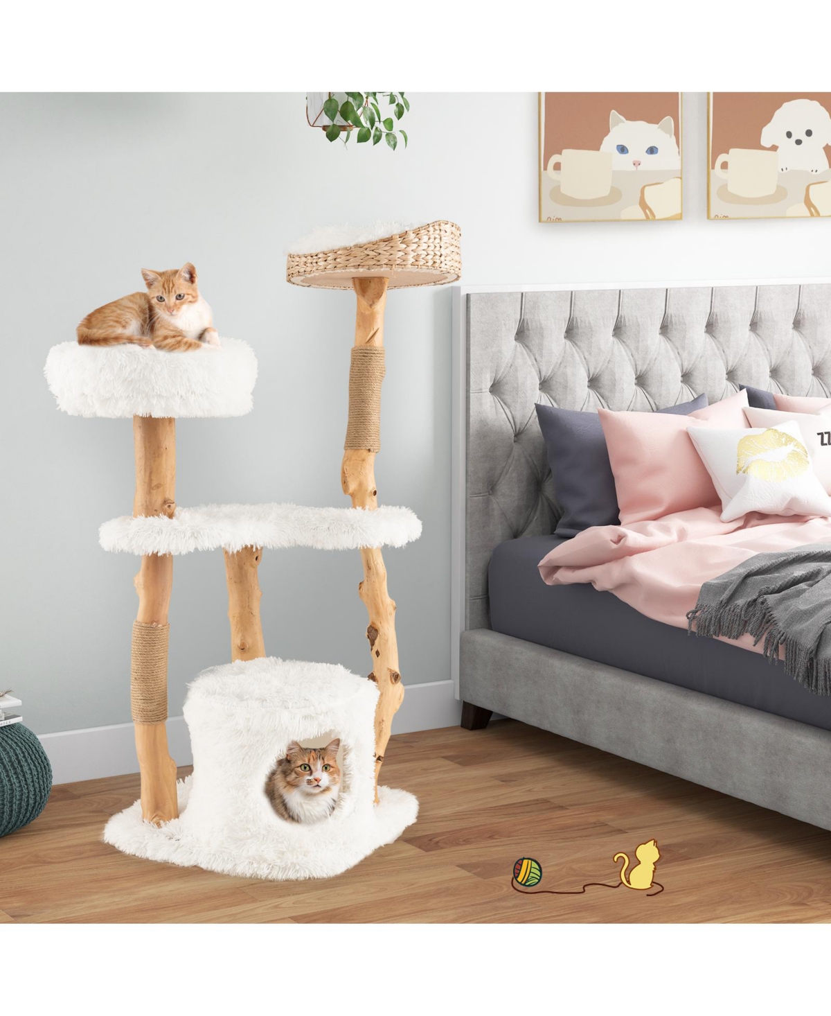 Skonyon Solid Wood Cat Tower with Top Cattail Basket Cat Bed for Indoor Cats