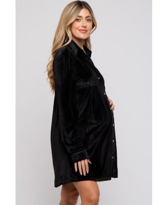 Maternity Black Velvet Button Down Dress