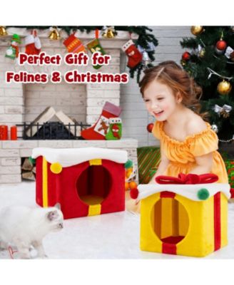 2 Gift Box Shaped Cute Christmas Cat House with Bow