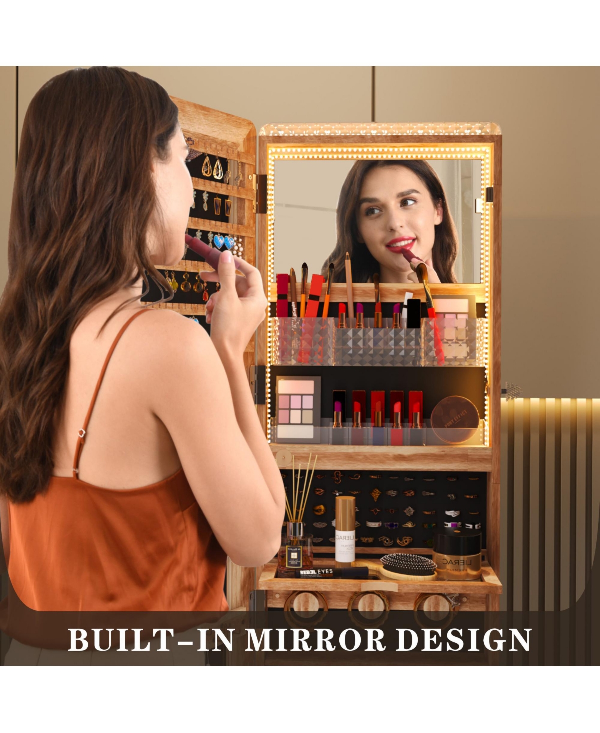Vlsrka A 360° swivel standing jewelry mirror cabinet with storage shelves, full-length mirror, and Led lights.