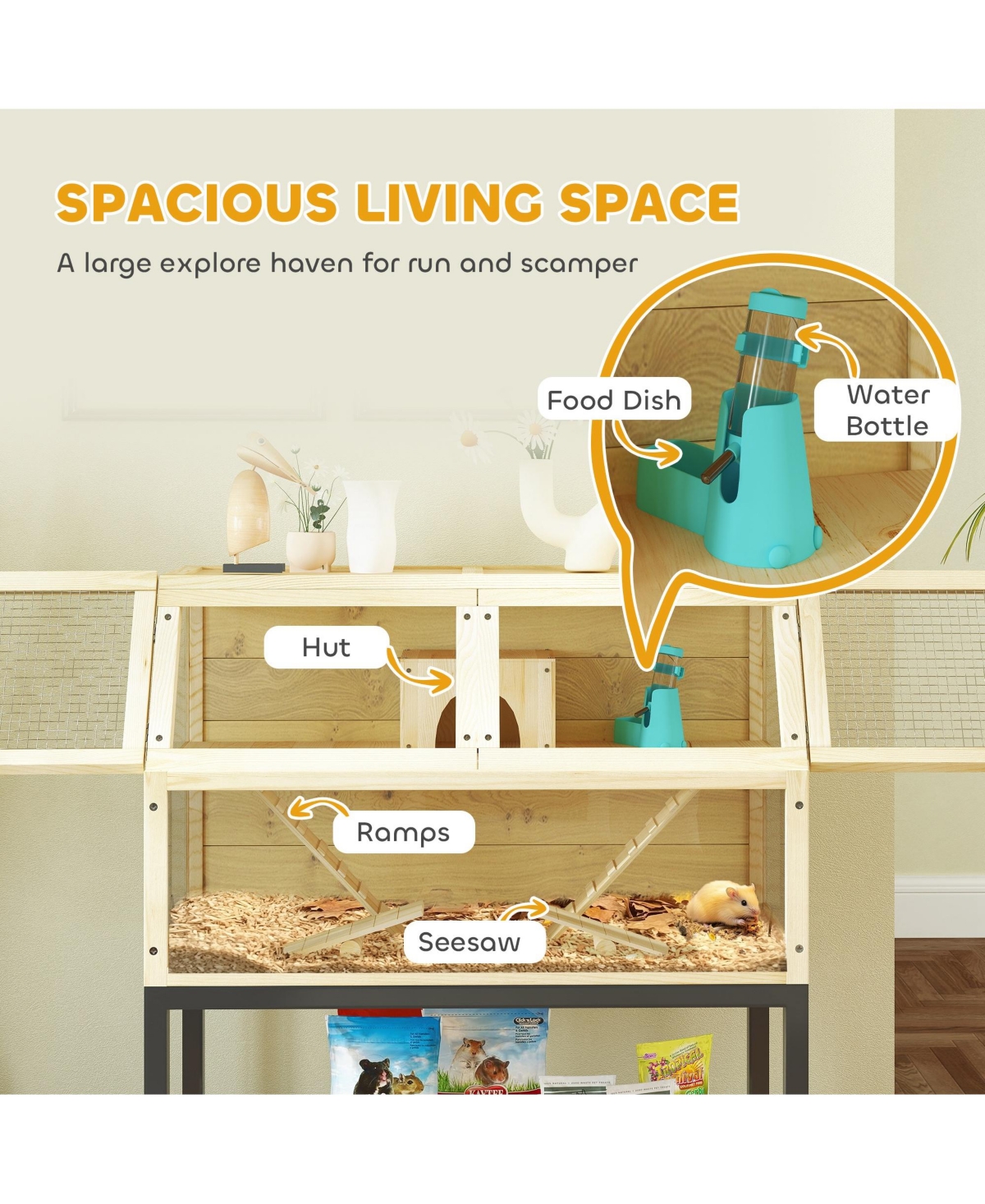 PawHut Hamster Cage on Wheels with Storage Shelf, 34"L x 17"W x 40"H