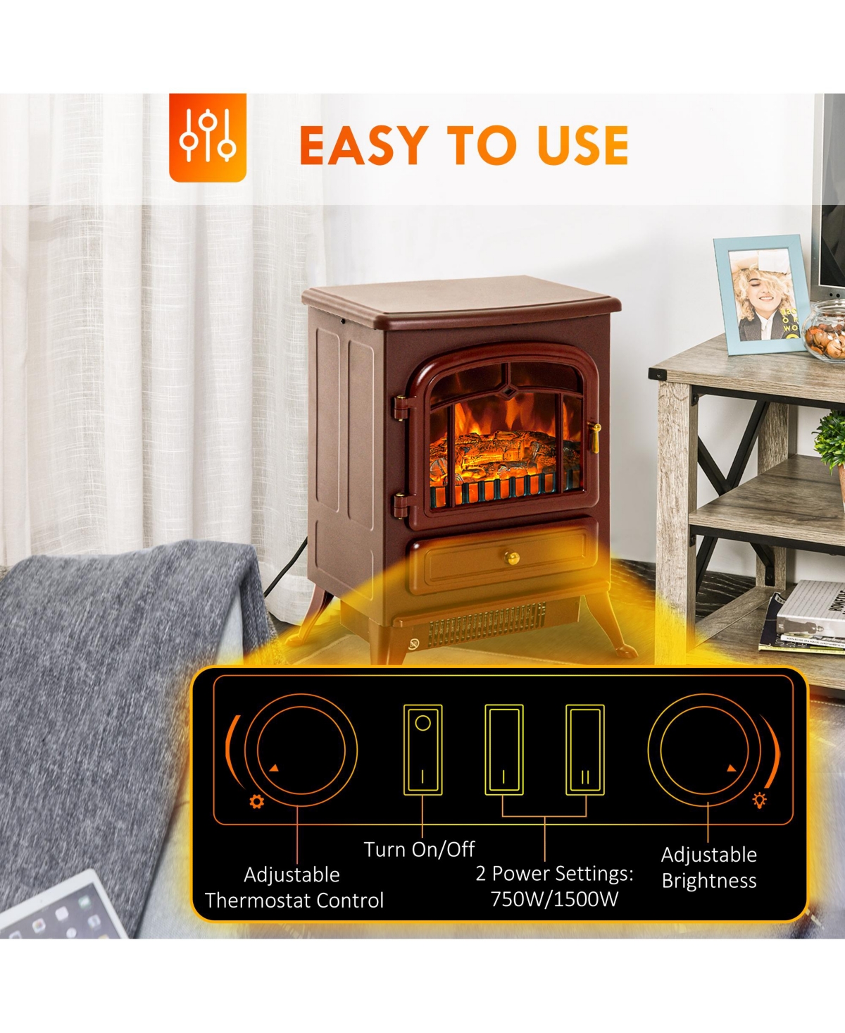 Homcom Freestanding Electric Fireplace Heater with Realistic Led Log Flames